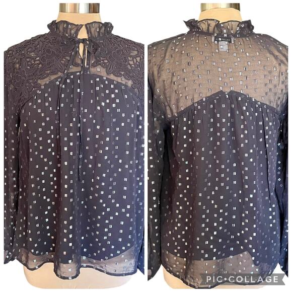 Calligraphie Black Lace Trim Metallic Clip Dot Sheer Blouse MED Whimsygoth Fairy - Picture 1 of 9